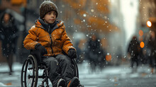 Close Up Photo Of Confused Cerebral Palsy Boy Sitting In The Wheelchair At Crowded City Street Under The Snowfall. 
