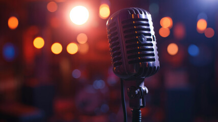 Canvas Print - background for singer and music with retro microphone and blurred bokeh background