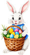 Easter bunny with wicker basket and easter eggs. Cartoon illustration. A vector in watercolor style