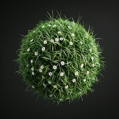 A picture of a 3D rendered ball made of grass, realistic surface isolated on black background, fresh and green leaves with tiny small white flowers, green textured sphere circle, AI Generated.