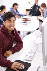 Wall Mural - Computer, programmer and portrait of happy man, software and update of information technology. Coder, employee and male person typing on keyboard for test of cybersecurity in application of office