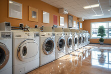 A Row Of Modern Washing Machines Awaits Use In A Busy Laundry Room.