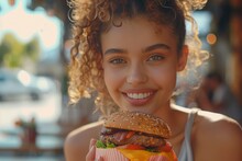 A Beautiful Young Girl With Curly Enjoying A Vegan Burger In An Outdoor Restaurant