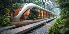 A Modern Train Station Combining Architecture With Lush Greenery And A Moving Carriage.
