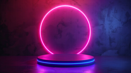 Empty purple glowing neon podium with glowing ring for product presentation and advertisement 