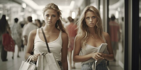 Poster - Two women walking down a hallway holding shopping bags. Suitable for retail or lifestyle concepts