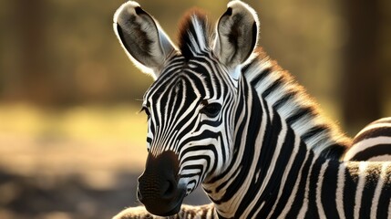 Canvas Print - Close up of a zebra's face with trees in the background. Suitable for nature and wildlife concepts