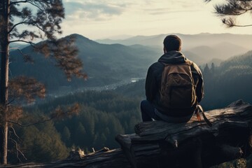 A man sitting on a log with a view of a valley. Ideal for outdoor and nature concepts