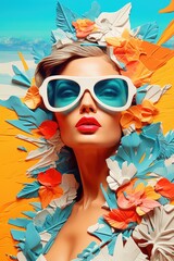 Poster - Stylish woman in sunglasses and floral dress, perfect for fashion blogs or summer promotions