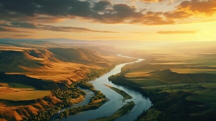 Poster - Scenic view of a river flowing through a vibrant green valley. Suitable for nature and landscape themes