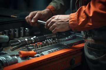 Wall Mural - A close up of a person holding a wrench, perfect for industrial concepts