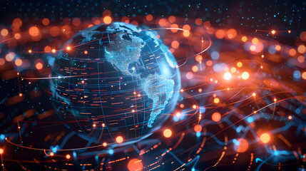 Wall Mural - digital world globe, concept of global network and connectivity on earth, high speed data transfer a