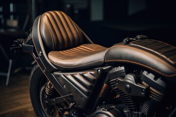 A motorcycle with a leather seat and a black seat belt