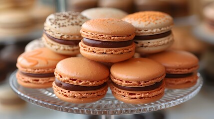 Poster - Assorted colorful french macarons on a glass stand. delicious pastry for dessert. ideal for parties and cafes. perfect for confectionery themes. AI