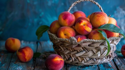 Sticker - Ripe peaches in a wicker basket suggesting the freshness of a summer harvest