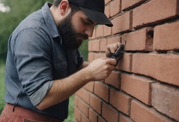 Wall Mural - bricklaying. Worker checks erected brick wall with level