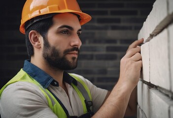 Wall Mural - Worker puts a white brick on a construction site