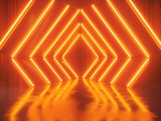Wall Mural - Vibrant orange neon lights creating a symmetrical pattern in a modern, futuristic tunnel.