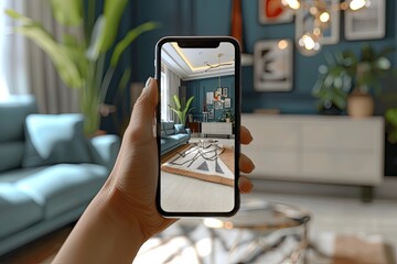 A mobile app for virtual home decor shopping showing a 3D room planner