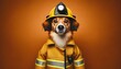 A beagle dog wears a firefighter costume against a warm golden backdrop, portraying bravery and heroism.