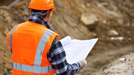 A focused construction worker in high-vis gear reviews blueprints at a site