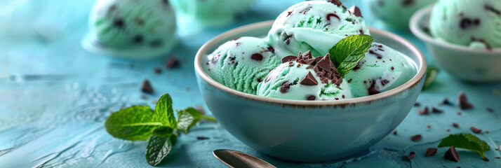 Mint chocolate chip ice cream with mint leaves and dark chocolate chips on blue background, ice cream on bowl