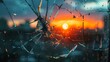 Broken windowpane against a sunset sky symbolizing fragility and hope