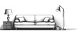 © Lasvu - A detailed black and white drawing showcasing a couch and a lamp in a living room setting. The sketch features various furniture pieces, including a sofa and the lighting fixture.