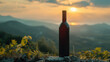 A bottle of red vine staying on the mountain.