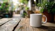 White empty mockup cup Wooden table with coffee cup and plant on rustic plank background