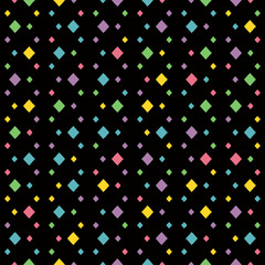 Wall Mural - Vector colorful geometric seamless pattern. Cute minimalist abstract background with small rhombuses, diamonds. Rainbow texture design in blue, green, yellow, pink, purple color on black backdrop