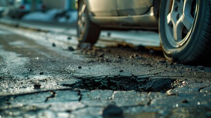 Damaged car tire on wet Broken Asphalt road - Close-up view of broken wheel in city traffic