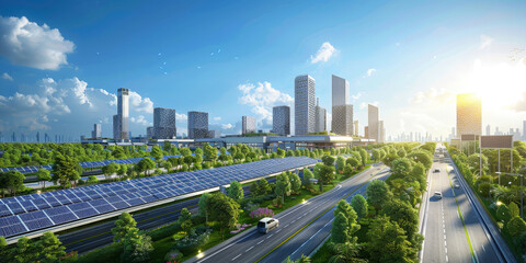 Wall Mural - 3D rendering of an ecofriendly city with solar panels, green buildings and smart transportation with blue sky background