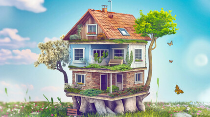 Sticker - cartoon treehouse on beautiful spring garden meadow with flowers