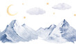 © dakora - Seamless banner or frame with watercolor illustration of snowy blue mountains, moon, stars,clouds. Handmade landscape, suitable for wallpaper and room decor, postcards