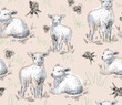 Beautiful pencil drawn rustic pattern with sheep on a beige background.