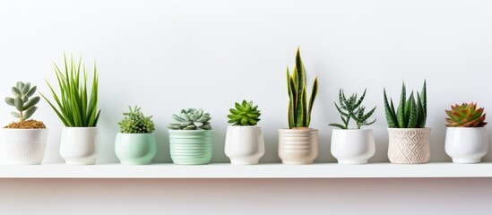 Wall Mural - A row of various succulent plants in different pots placed neatly on a white shelf indoors. The minimalist display adds a touch of greenery to the space.