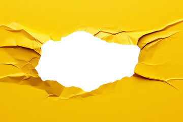 A yellow sheet of paper with a hole ripped and torn through the centre aperture opening making a frame or border for the underlying document, computer Generative AI stock illustration image