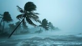 Fototapeta  - Extreme weather conditions. Very strong wind blows palm trees on island. Tropical storm. Bad weather concept. Flood on the beach. Flooding due to heavy rain. Dangerous thunderstorm.