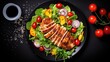 Delicious grilled chicken breast fillet with salad on a plate. Healthy food concept.