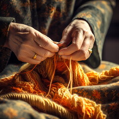 Wall Mural - A close-up of a persons hands knitting. 