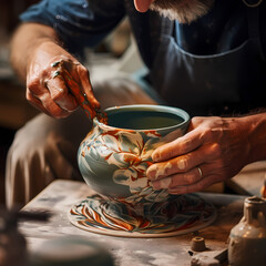 Wall Mural - A close-up of a potter glazing a ceramic piece.