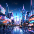 A futuristic cityscape with holographic billboards
