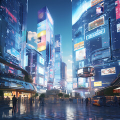 Poster - A futuristic cityscape with holographic billboards