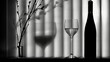  a black and white photo of a glass of wine and a bottle of wine on a table next to a window.