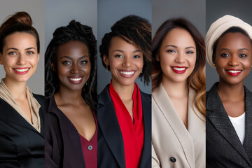 Wall Mural - portrait of five smiling businesswoman ethnical diversity people standing over grey background