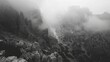  a black and white photo of a mountain range with fog in the air and some rocks in the foreground.