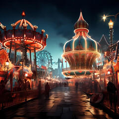 Canvas Print - A lively carnival with bright lights and rides.