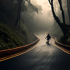 Poster - A person skateboarding down a winding road. 