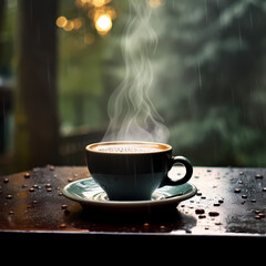 Poster - A steaming cup of coffee on a rainy day.